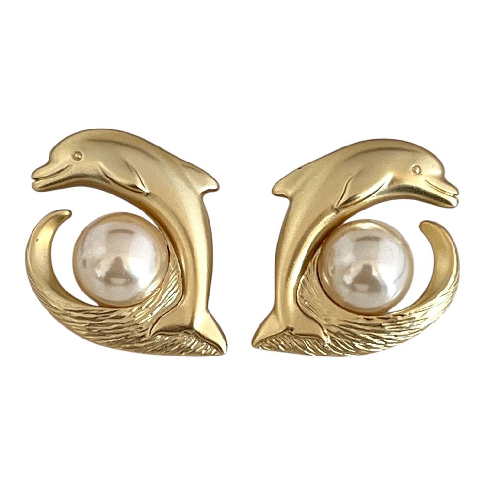 Vintage 1980s Dolphin Earrings Simulated Pearl Gold Tone Pierced - 12B